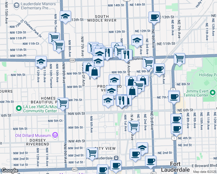 map of restaurants, bars, coffee shops, grocery stores, and more near 745 Northwest 2nd Avenue in Fort Lauderdale