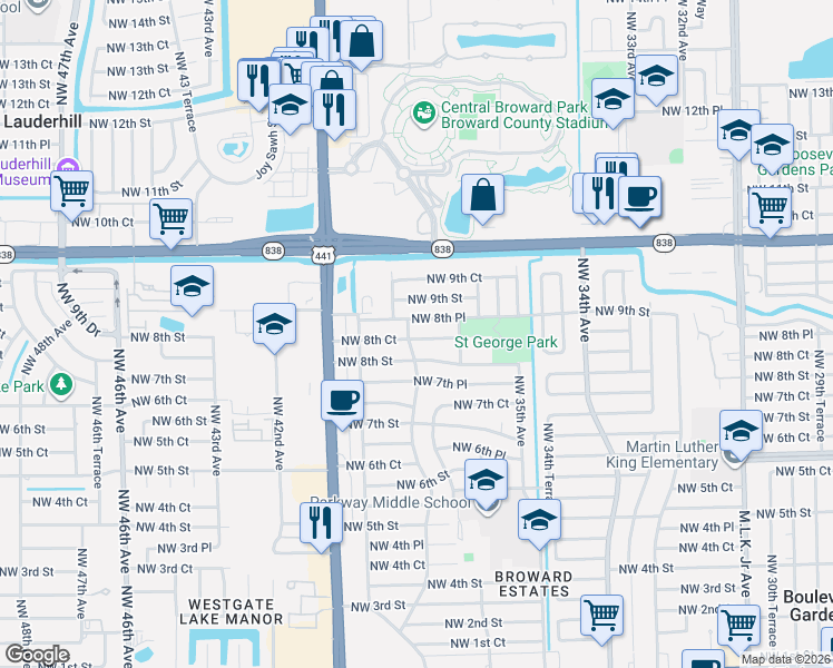 map of restaurants, bars, coffee shops, grocery stores, and more near 820 Northwest 38th Avenue in Fort Lauderdale