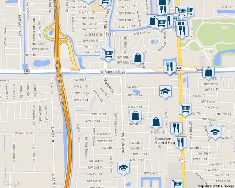 map of restaurants, bars, coffee shops, grocery stores, and more near 4644 Northwest 9th Drive in Plantation
