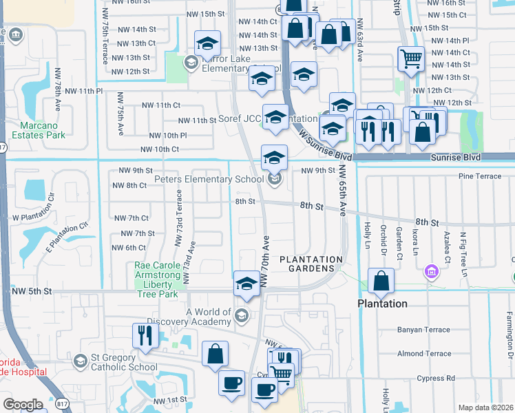 map of restaurants, bars, coffee shops, grocery stores, and more near 7000 8th Street in Plantation