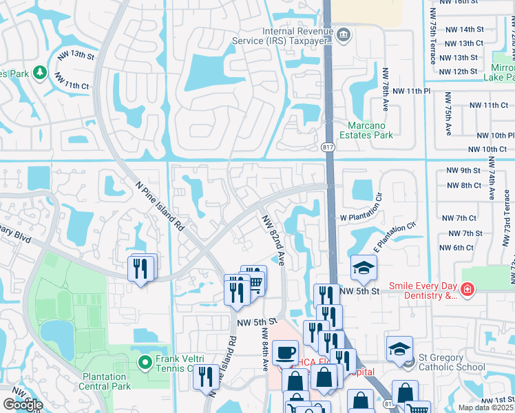 map of restaurants, bars, coffee shops, grocery stores, and more near 8243 Northwest 8th Street in Plantation