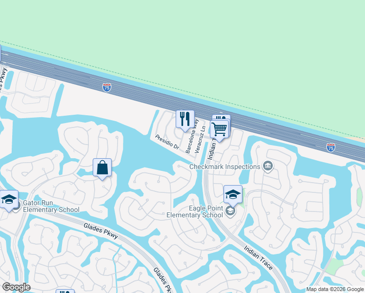 map of restaurants, bars, coffee shops, grocery stores, and more near 1361 Presidio Drive in Weston