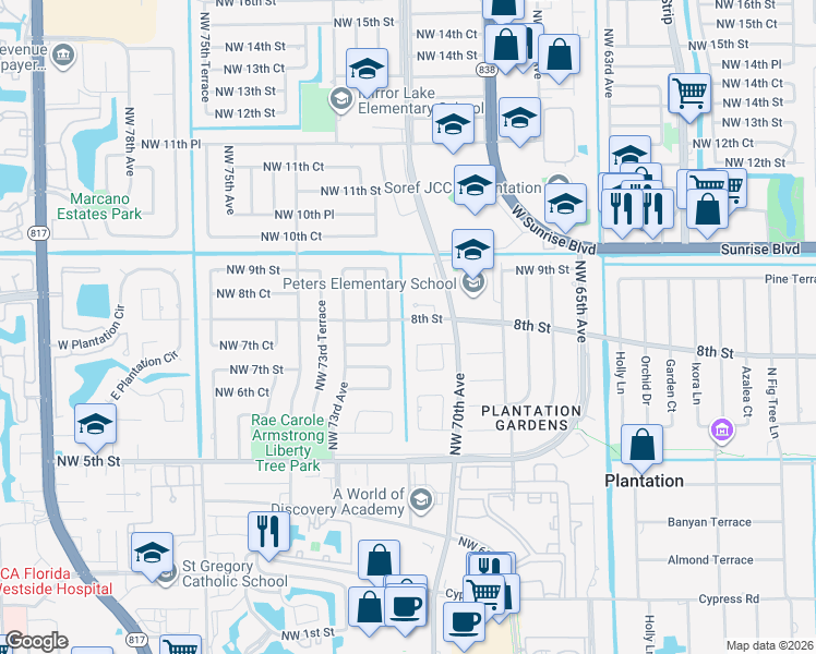 map of restaurants, bars, coffee shops, grocery stores, and more near 7100 8th Street in Plantation
