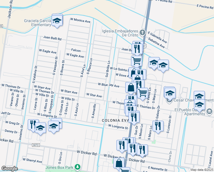 map of restaurants, bars, coffee shops, grocery stores, and more near 6401 South Sol Brilla Lane in Pharr