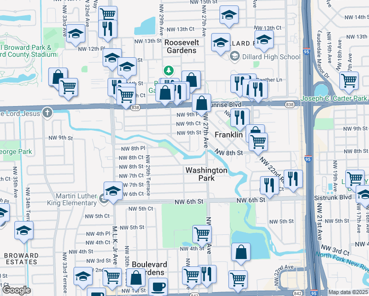 map of restaurants, bars, coffee shops, grocery stores, and more near 2350 Washington Drive in Fort Lauderdale