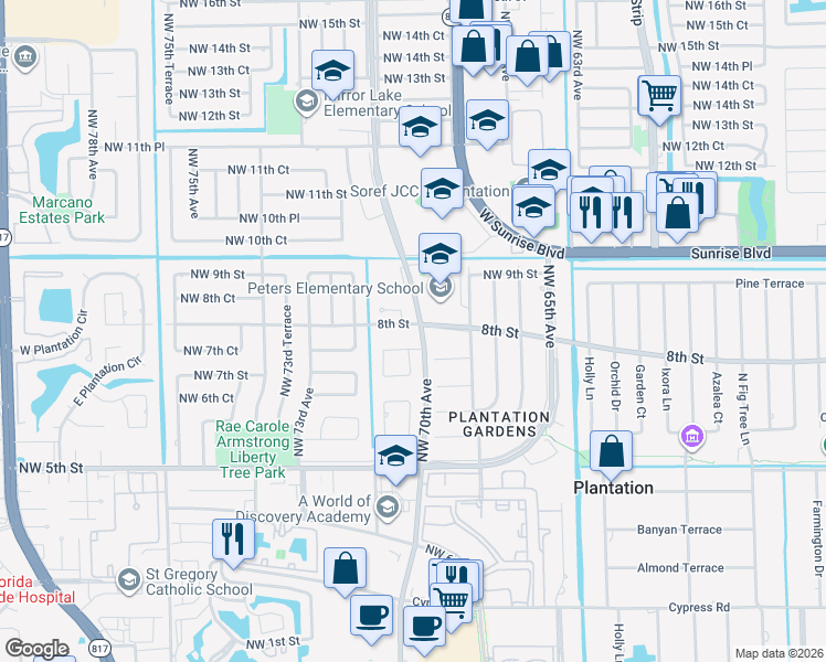 map of restaurants, bars, coffee shops, grocery stores, and more near 7000 8th Street in Plantation