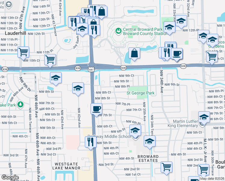 map of restaurants, bars, coffee shops, grocery stores, and more near 820 Northwest 38th Avenue in Fort Lauderdale