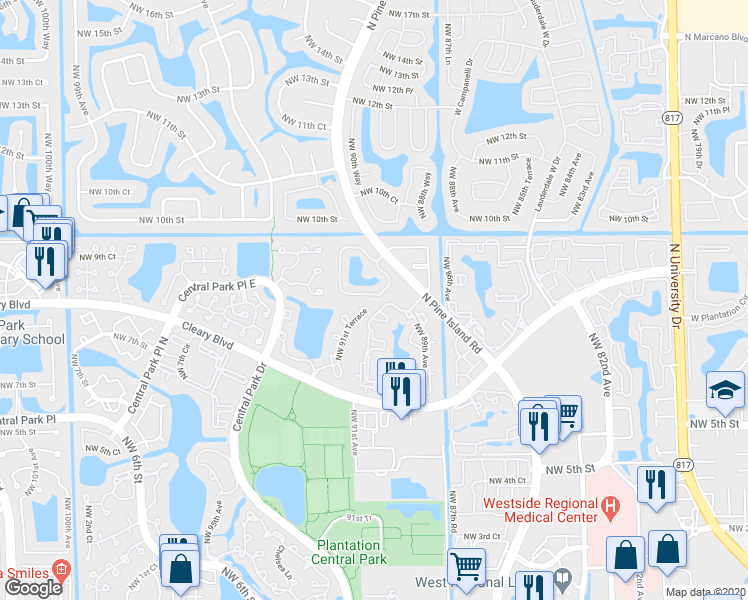 map of restaurants, bars, coffee shops, grocery stores, and more near 9143 Vineyard Lake Drive in Plantation