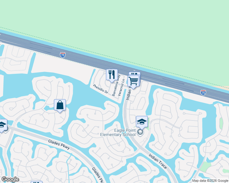 map of restaurants, bars, coffee shops, grocery stores, and more near 1418 Barcelona Way in Weston