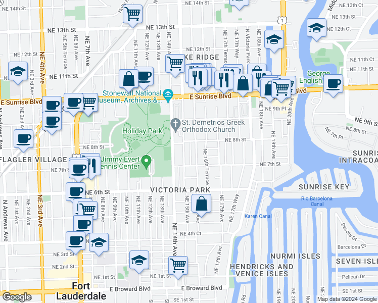 map of restaurants, bars, coffee shops, grocery stores, and more near 726 Northeast 15th Avenue in Fort Lauderdale