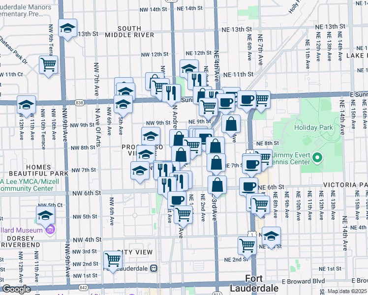 map of restaurants, bars, coffee shops, grocery stores, and more near 777 Northeast 1st Avenue in Fort Lauderdale