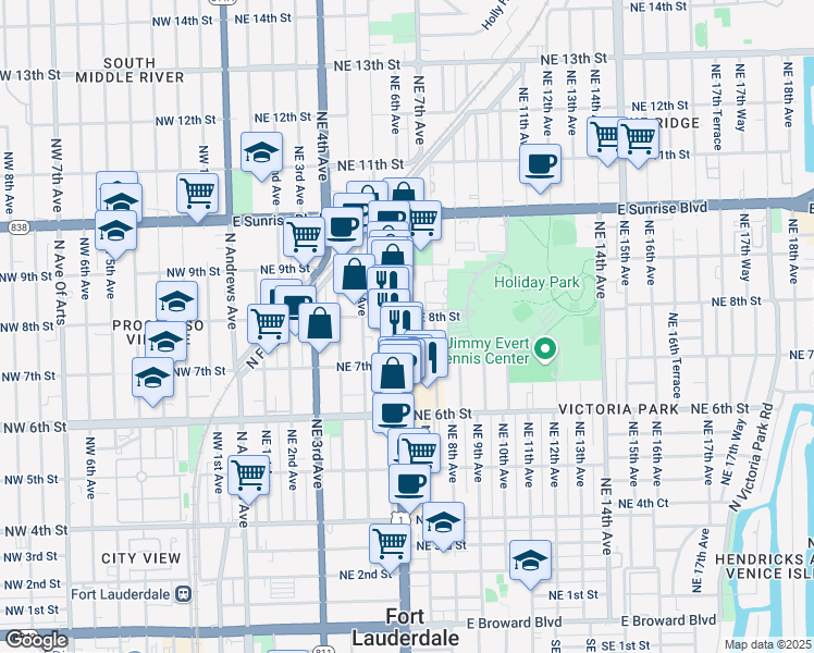 map of restaurants, bars, coffee shops, grocery stores, and more near 730 North Federal Highway in Fort Lauderdale