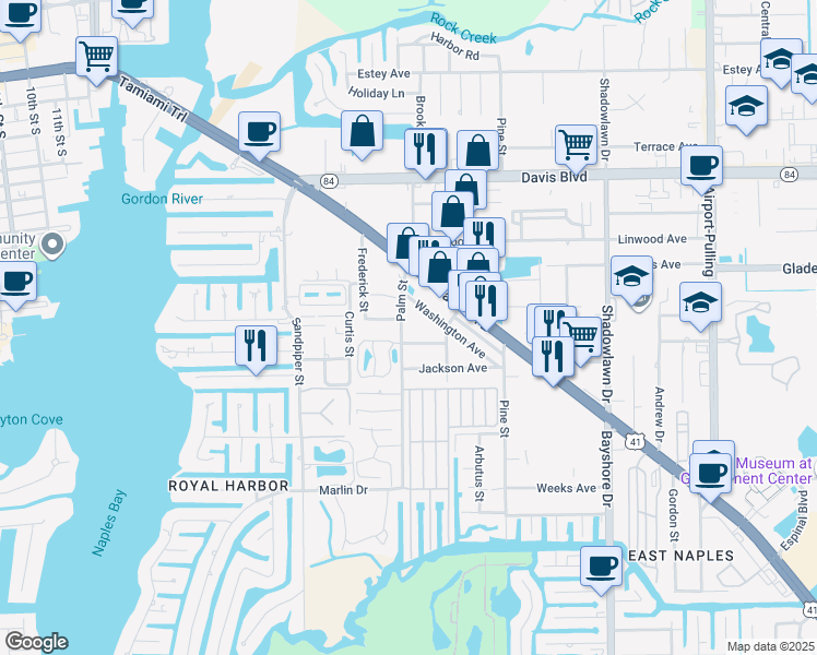 map of restaurants, bars, coffee shops, grocery stores, and more near 2147 Palm Street in Naples