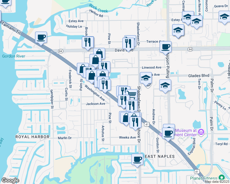 map of restaurants, bars, coffee shops, grocery stores, and more near 2523 Winifred Avenue in Naples