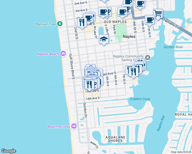 map of restaurants, bars, coffee shops, grocery stores, and more near 390 Broad Avenue South in Naples