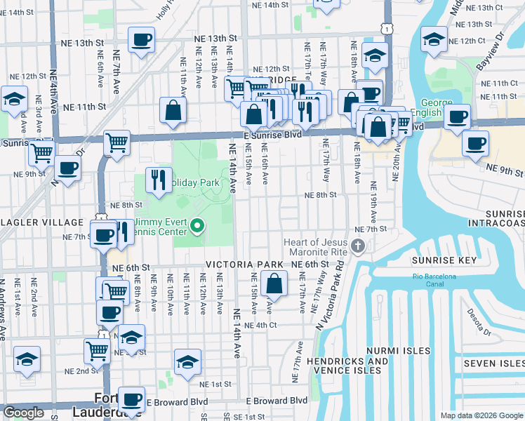 map of restaurants, bars, coffee shops, grocery stores, and more near 726 Northeast 15th Avenue in Fort Lauderdale