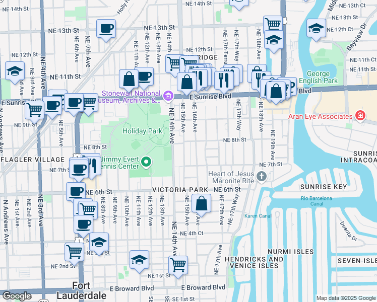 map of restaurants, bars, coffee shops, grocery stores, and more near 726 Northeast 15th Avenue in Fort Lauderdale