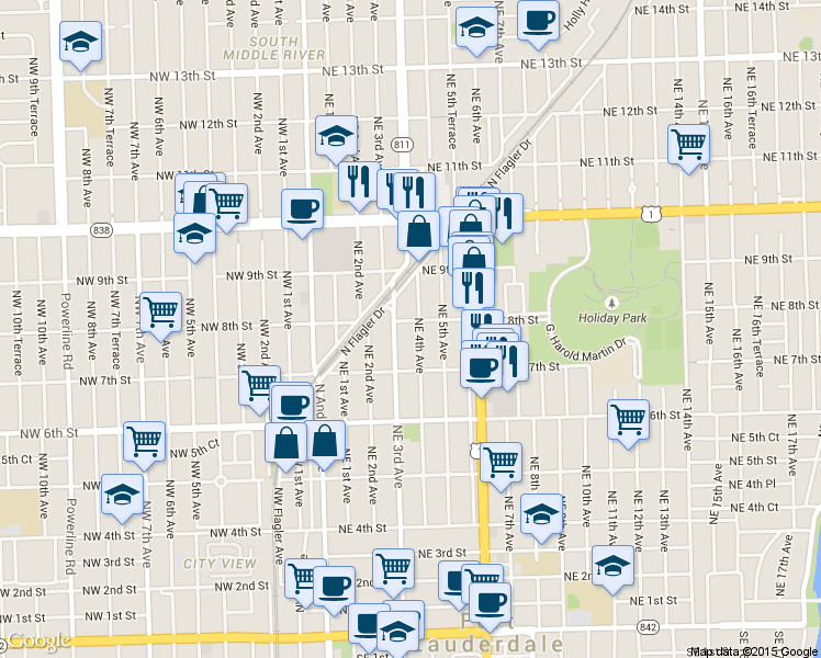 map of restaurants, bars, coffee shops, grocery stores, and more near 736 Northeast 3rd Avenue in Fort Lauderdale