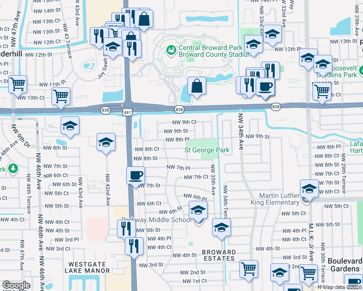 map of restaurants, bars, coffee shops, grocery stores, and more near 841 Northwest 36th Terrace in Fort Lauderdale