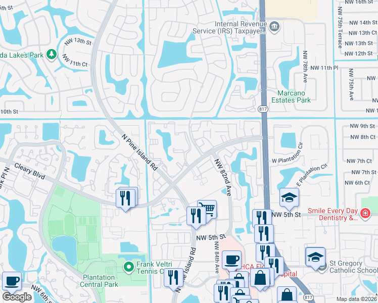 map of restaurants, bars, coffee shops, grocery stores, and more near 851 Northwest 85th Terrace in Plantation