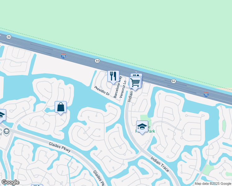 map of restaurants, bars, coffee shops, grocery stores, and more near 1418 Barcelona Way in Weston