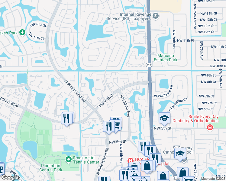 map of restaurants, bars, coffee shops, grocery stores, and more near 8243 Northwest 8th Street in Plantation