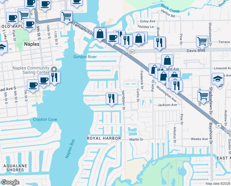 map of restaurants, bars, coffee shops, grocery stores, and more near 1540 Blue Point Avenue in Naples