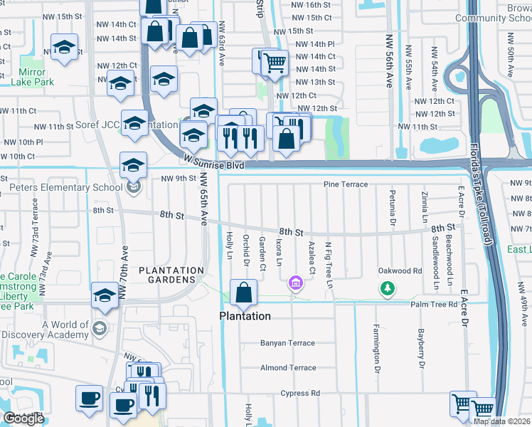 map of restaurants, bars, coffee shops, grocery stores, and more near 824 Garden Court in Plantation