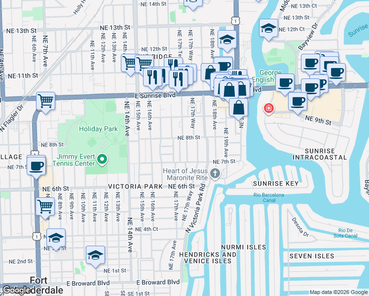map of restaurants, bars, coffee shops, grocery stores, and more near 729 Northeast 17th Terrace in Fort Lauderdale