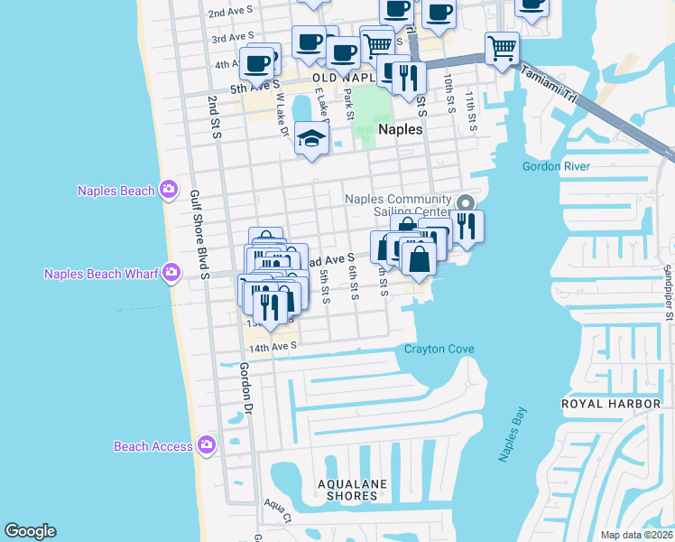 map of restaurants, bars, coffee shops, grocery stores, and more near 582 Broad Avenue South in Naples