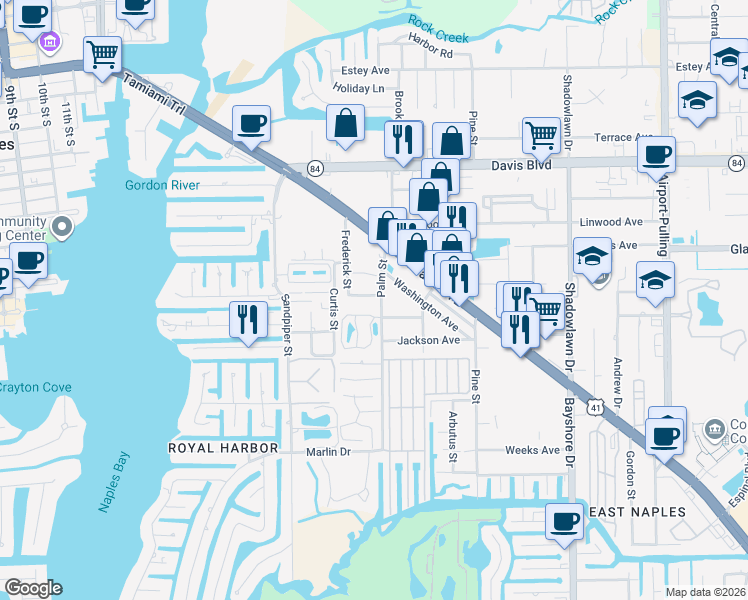 map of restaurants, bars, coffee shops, grocery stores, and more near 2147 Palm Street in Naples