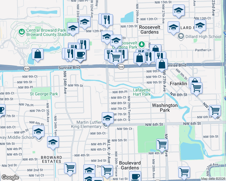 map of restaurants, bars, coffee shops, grocery stores, and more near 3017 Northwest 8th Place in Fort Lauderdale