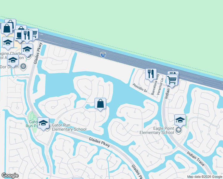 map of restaurants, bars, coffee shops, grocery stores, and more near 1144 Fairfield Meadows Drive in Weston