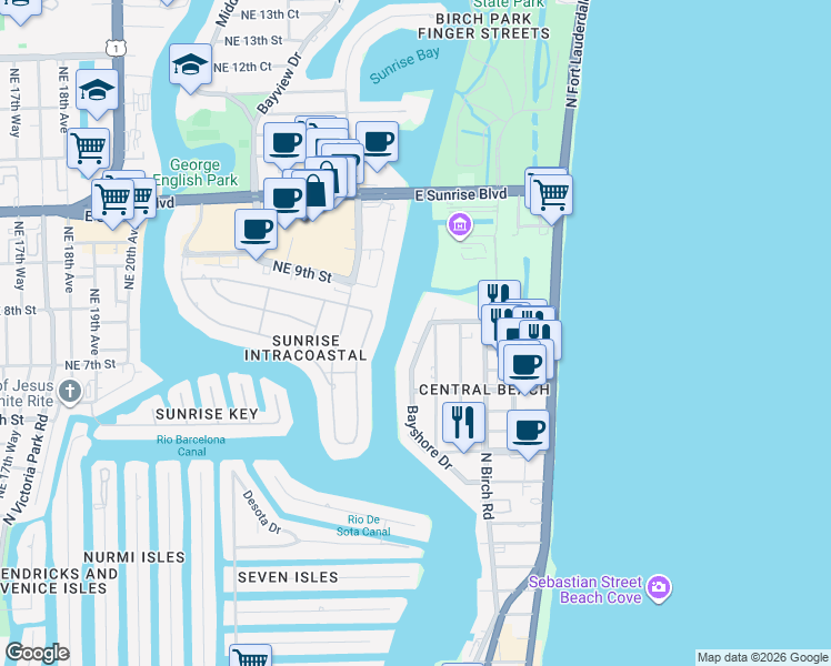 map of restaurants, bars, coffee shops, grocery stores, and more near 711 Bayshore Drive in Fort Lauderdale