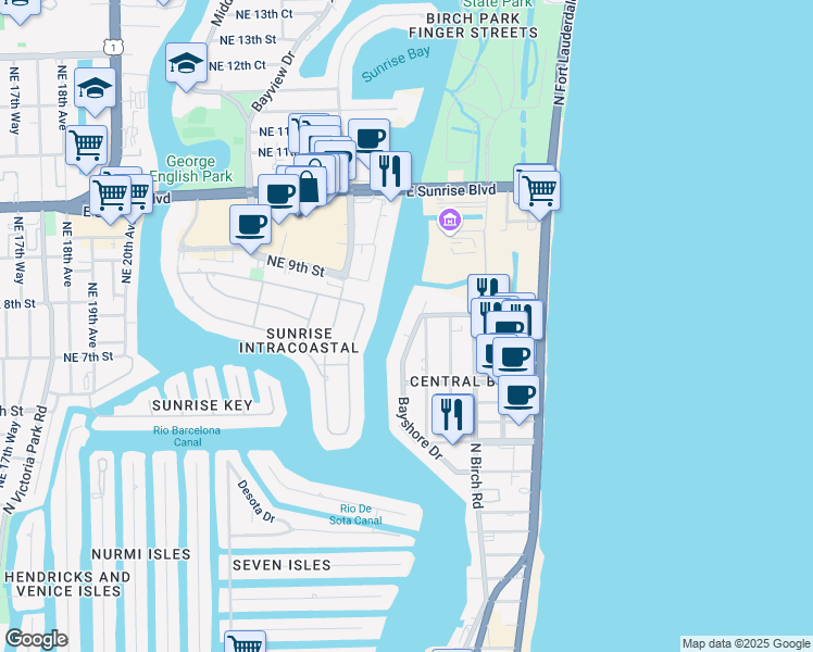 map of restaurants, bars, coffee shops, grocery stores, and more near 715 Bayshore Drive in Fort Lauderdale