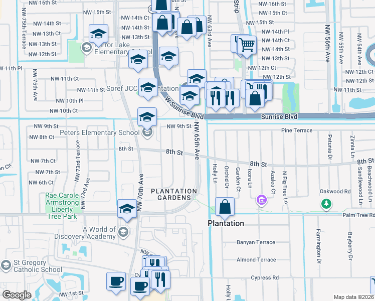 map of restaurants, bars, coffee shops, grocery stores, and more near 800 Northwest 66th Avenue in Plantation