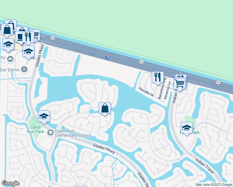 map of restaurants, bars, coffee shops, grocery stores, and more near 1144 Fairfield Meadows Drive in Weston
