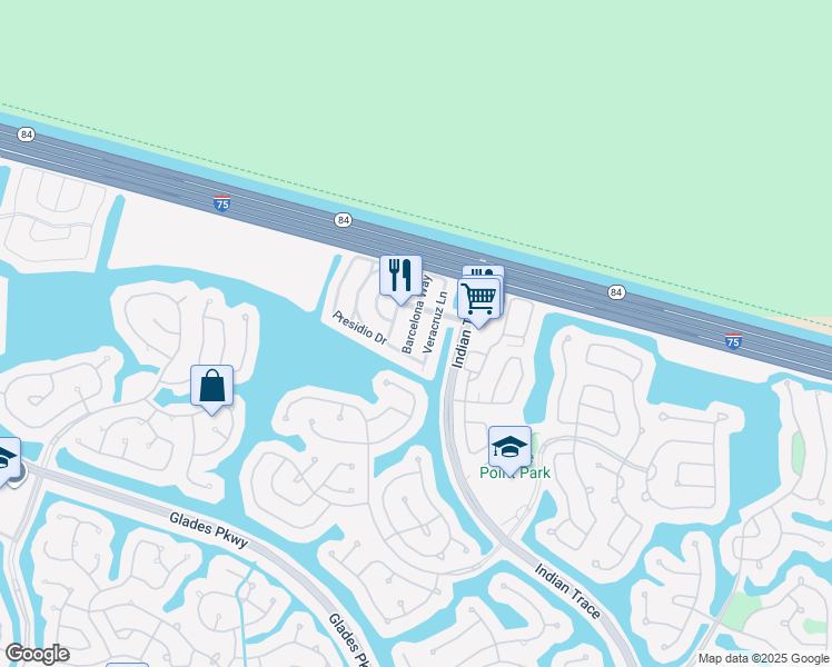 map of restaurants, bars, coffee shops, grocery stores, and more near 1418 Barcelona Way in Weston