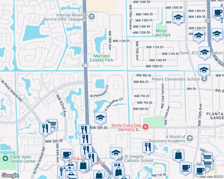 map of restaurants, bars, coffee shops, grocery stores, and more near 7690 Plantation Road in Plantation