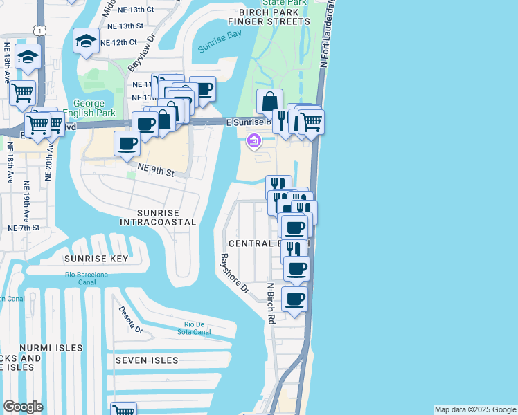 map of restaurants, bars, coffee shops, grocery stores, and more near 711 North Birch Road in Fort Lauderdale