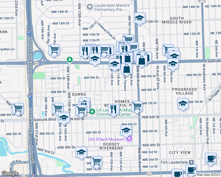map of restaurants, bars, coffee shops, grocery stores, and more near 1221 Northwest 8th Street in Fort Lauderdale