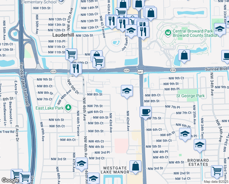 map of restaurants, bars, coffee shops, grocery stores, and more near 780 Northwest 43rd Avenue in Plantation