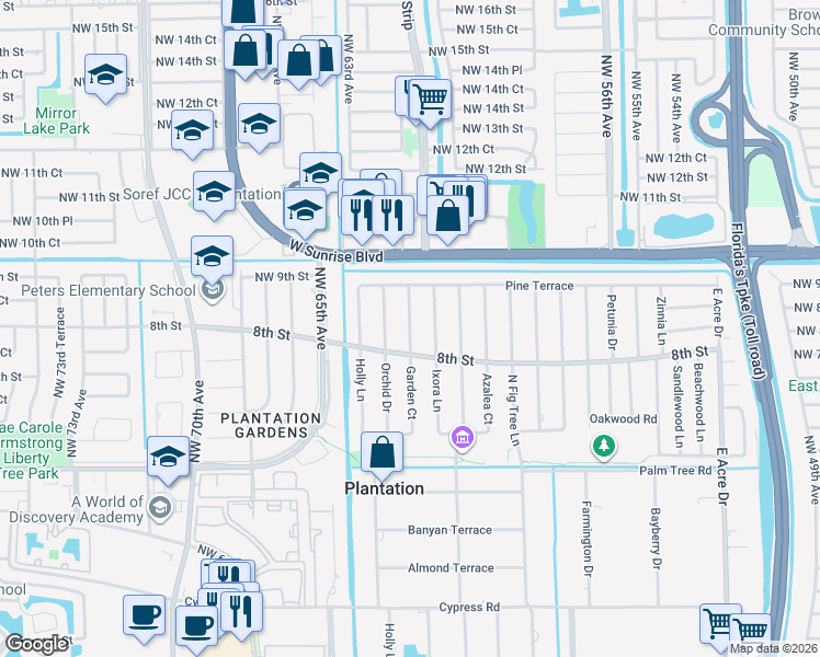 map of restaurants, bars, coffee shops, grocery stores, and more near 824 Garden Court in Plantation
