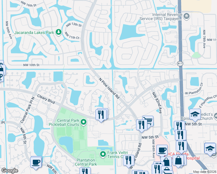 map of restaurants, bars, coffee shops, grocery stores, and more near 9000 Northwest 9th Street in Plantation