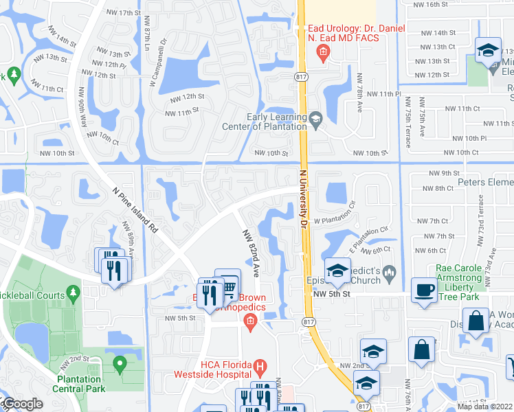 map of restaurants, bars, coffee shops, grocery stores, and more near 8240 Cleary Boulevard in Plantation