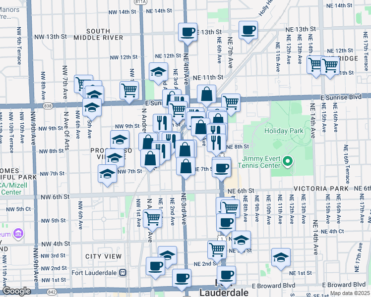 map of restaurants, bars, coffee shops, grocery stores, and more near 736 Northeast 3rd Avenue in Fort Lauderdale