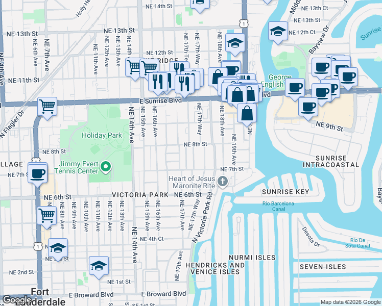 map of restaurants, bars, coffee shops, grocery stores, and more near 720 Northeast 17th Terrace in Fort Lauderdale