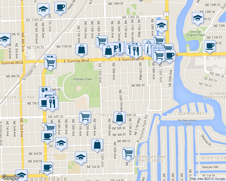 map of restaurants, bars, coffee shops, grocery stores, and more near 726 Northeast 15th Avenue in Fort Lauderdale
