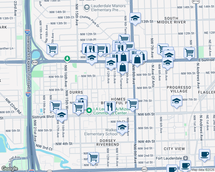 map of restaurants, bars, coffee shops, grocery stores, and more near 804 Northwest 12th Avenue in Fort Lauderdale