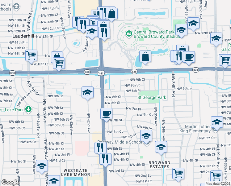 map of restaurants, bars, coffee shops, grocery stores, and more near 3851 Northwest 8th Court in Fort Lauderdale
